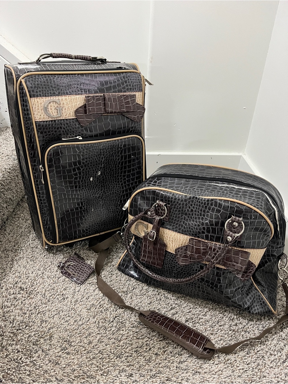 Guess Black Croc-Embossed Luggage and Travel Bag with Cream Accents
